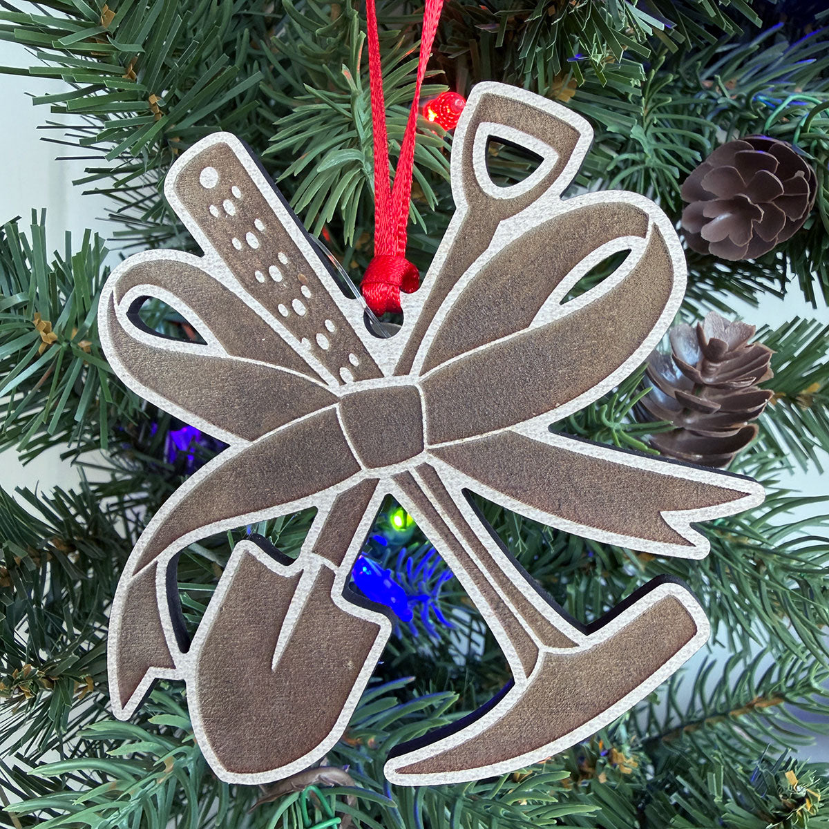 Rockhound Tools Ribbon Bow Wooden Christmas Tree Ornament