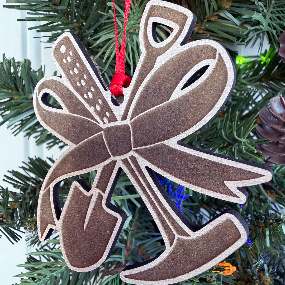 Rockhound Tools Ribbon Bow Wooden Christmas Tree Ornament