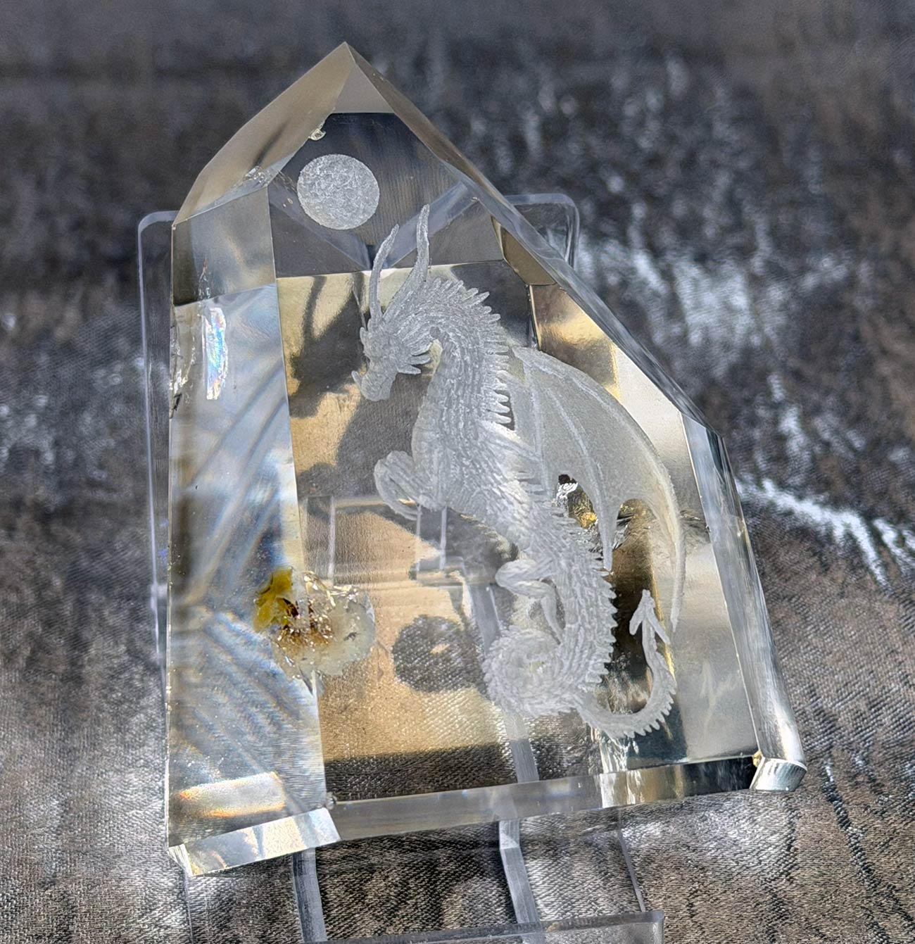 Dragon in the Crystal - Reverse Intaglio Quartz Carving by Jack Hoque