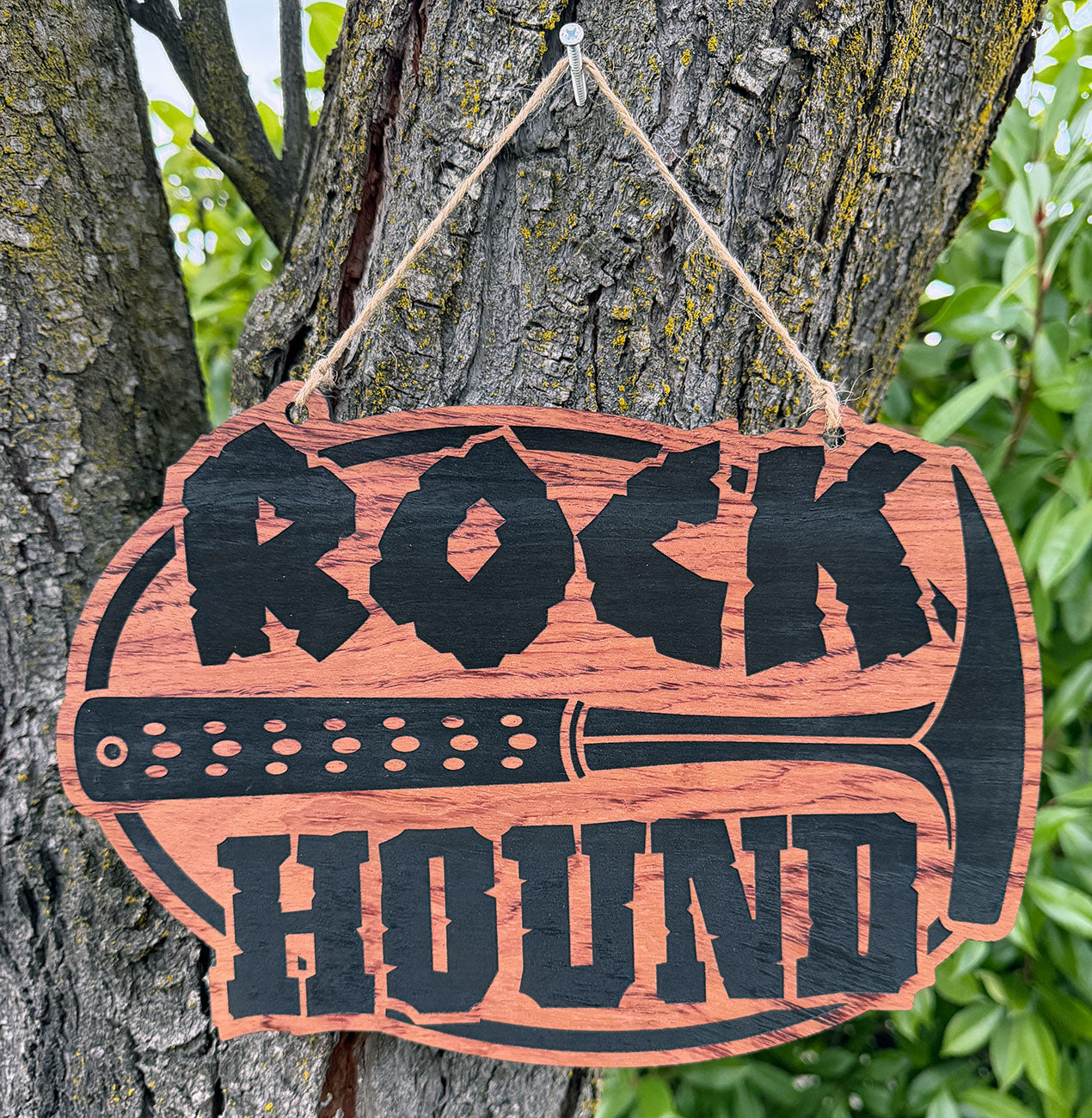 Rock Hound Wooden Oval Decorative Sign w/ Rock Hammer Detail