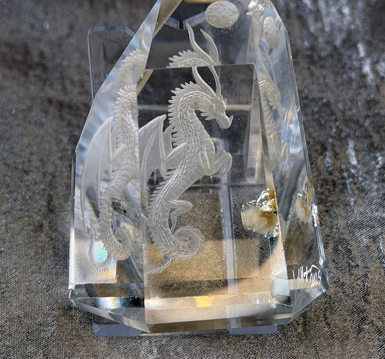 Dragon in the Crystal - Reverse Intaglio Quartz Carving by Jack Hoque