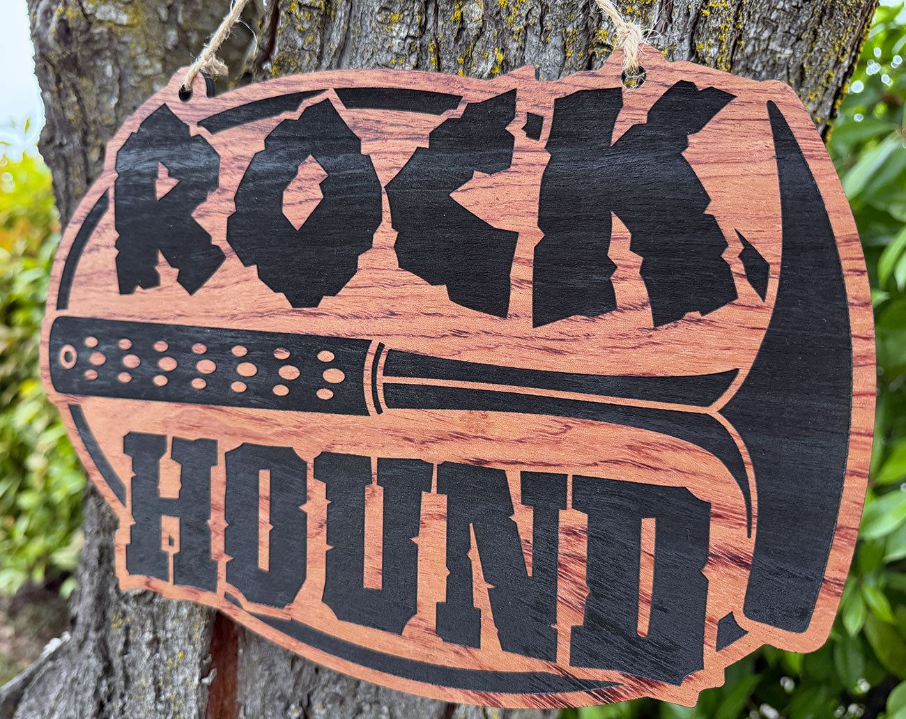 Rock Hound Wooden Oval Decorative Sign w/ Rock Hammer Detail