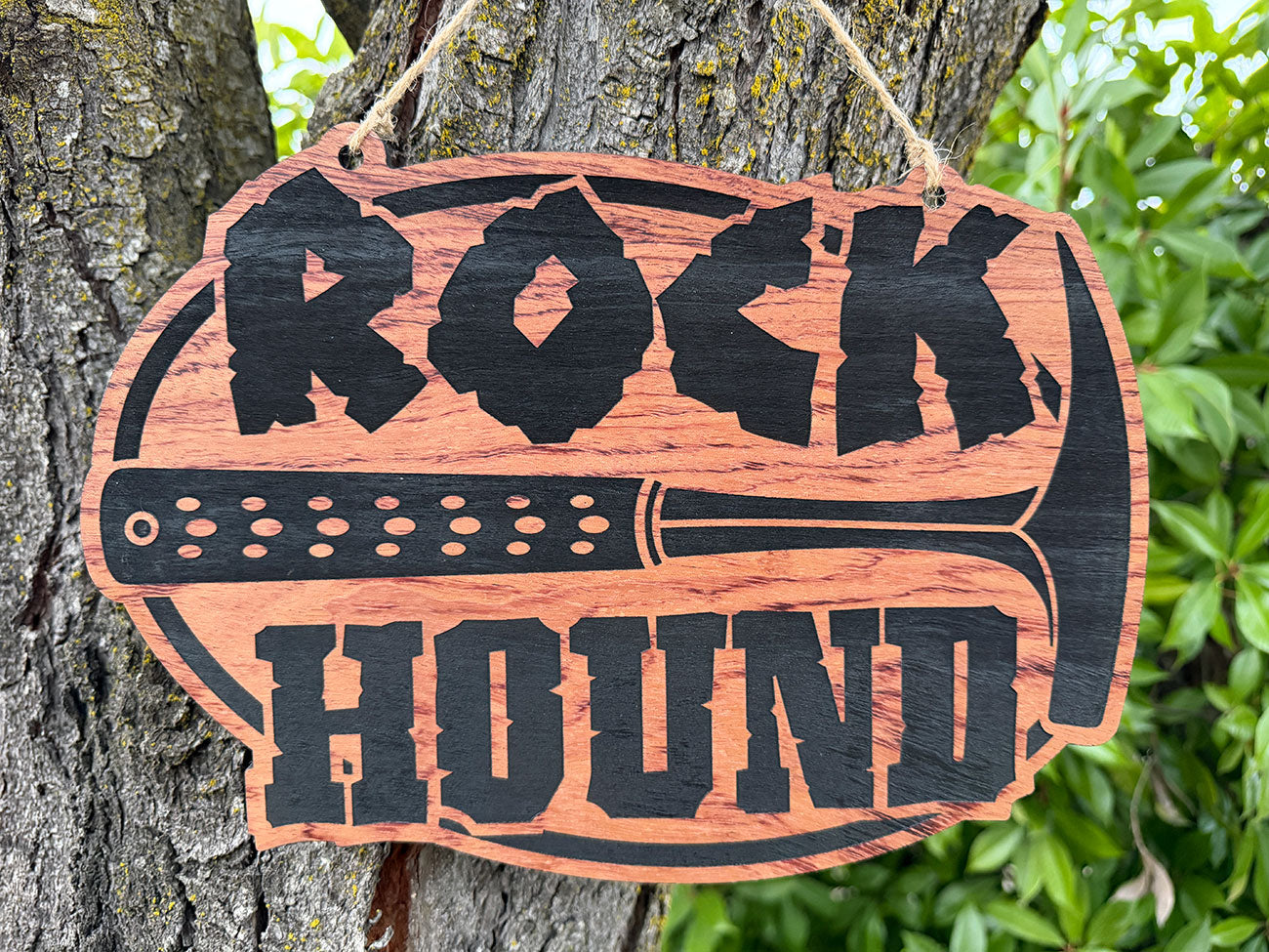 Rock Hound Wooden Oval Decorative Sign w/ Rock Hammer Detail